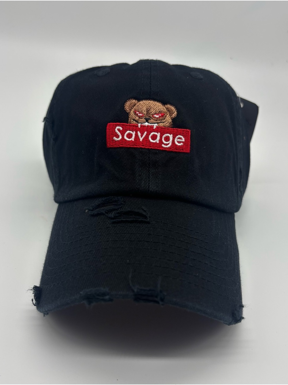 NWT KBETHOS Black Cap with Red 'Savage' Patch and Brown Bear Embroidery